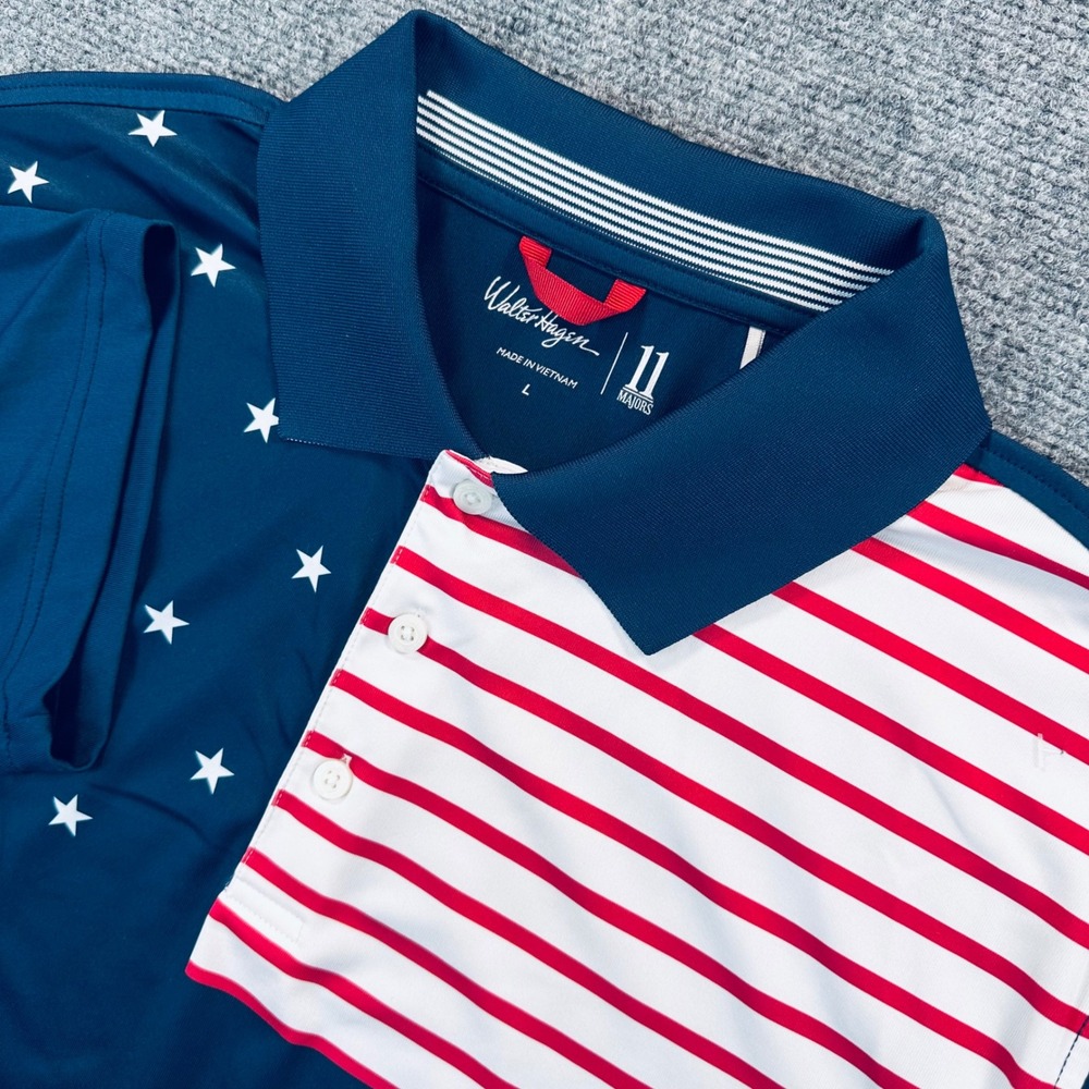 Walter Hagen Men's L Navy 11 Majors Patriotic Stars and Stripes Golf Polo Shirt